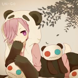  1boy ayu_(mog) bad_id bad_pixiv_id copyright_name hair_over_one_eye headwear_with_attached_mittens inga male_focus open_mouth panda_hat purple_eyes purple_hair sasa_kazamori solo stuffed_animal stuffed_toy tail teddy_bear text_focus un-go vest waistcoat 