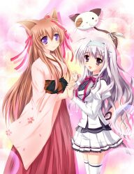  2girls amaha_miu animal_ears bell blush breasts brown_hair commentary_request crossover hair_ornament hair_ribbon hairband highres holding_hands interlocked_fingers japanese_clothes jingle_bell kilias kimono long_hair mashiroiro_symphony medium_breasts mito_mashiro multiple_girls open_mouth pan-nya pink_eyes purple_eyes purple_hair ribbon rikimaru_noriko school_uniform skirt small_breasts smile tayutama thighhighs very_long_hair voice_actor_connection 