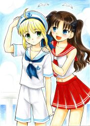  2girls ahoge alternate_costume artoria_pendragon_(fate) blonde_hair brown_hair commentary_request fate/stay_night fate_(series) green_eyes hat long_hair marker_(medium) multiple_girls nishisute pork_pie_sailor_hat saber_(fate) sailor sailor_hat school_uniform serafuku tohsaka_rin traditional_media twintails two_side_up 