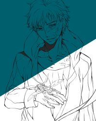  1boy bug commentary_request crest_worm fate/zero fate_(series) line_art male_focus matou_kariya monochrome nishi_juuji scar simple_background solo 