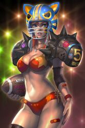  american_football american_football_(object) american_football_helmet animal_ears animal_helmet bad_id bad_pixiv_id ball bandaid bandaid_on_leg bikini black_thighhighs blue_eyes brand_name_imitation breasts cleavage fake_animal_ears female hand_on_own_hip helmet jewelry kilart large_breasts lips national_football_league navel necklace orange_hair original photoshop_(medium) red_bikini shoulder_pads side-tie_bikini_bottom solo spikes strap_gap swimsuit thighhighs wristband 