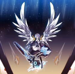  bad_id bad_pixiv_id black_thighhighs corset dress elsword eve_(elsword) female frills full_body grey_hair highres maid_headdress short_hair solo somu_(dlektha1994) sword thighhighs weapon wings yellow_eyes 