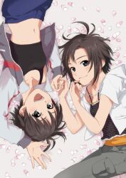  2girls :d black_hair blush clone commentary_request dual_persona holding_hands idolmaster idolmaster_(classic) idolmaster_2 jacket kikuchi_makoto lying messy_hair midriff multiple_girls navel open_clothes open_mouth petals photoshop_(medium) rotational_symmetry short_hair smile spaghetti_strap sports_bra time_paradox upside-down yachiwo 