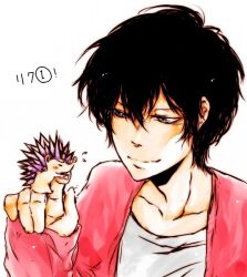  amano_akira animal black_hair hedgehog hibari_kyouya katekyo_hitman_reborn! male_focus silver_eyes simple_background smile solo 