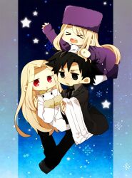  &gt;_&lt; 1boy 2girls bad_id bad_pixiv_id black_eyes black_hair boots carrying chibi closed_eyes coat couple emiya_kiritsugu family fate/zero fate_(series) father_and_daughter hat husband_and_wife illyasviel_von_einzbern irisviel_von_einzbern long_hair multiple_girls necktie on_head person_on_head princess_carry purple_hat red_eyes sc69 straight thigh_boots thighhighs white_hair 