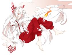  barefoot bow colored_eyelashes commentary_request female fire fujiwara_no_mokou hairbow hime_cut hisame_(gocbu) long_hair ofuda pants red_eyes skinny smoke solo suspenders touhou very_long_hair white_hair 