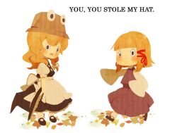  2girls ai-wa apron autumn_leaves black_dress black_eyes blonde_hair blunt_bangs bow braid children&#039;s_book commentary_request d: dress english_text full_body hair_ribbon hairbow hat i_want_my_hat_back kirisame_marisa long_hair looking_at_another mary_janes moriya_suwako multiple_girls no_headwear no_mouth no_nose open_mouth parody pointing puffy_short_sleeves puffy_sleeves red_ribbon ribbon shoes short_hair short_sleeves simple_background sleeves_past_wrists standing touhou unworn_hat unworn_headwear walking white_apron white_background witch witch_hat 