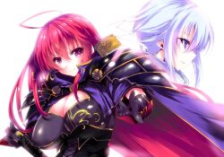  2girls ahoge akechi_mitsuhide_(sengoku_hime) armor blue_eyes blue_hair breasts cape cleavage corset gloves huge_breasts katana long_hair multiple_girls noto_kurumi oda_nobunaga_(sengoku_hime) profile purple_eyes red_eyes red_hair sengoku_hime simple_background sword weapon 