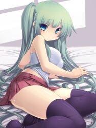  :&lt; bad_id bad_pixiv_id bare_shoulders bed black_thighhighs blue_eyes breasts female green_hair large_breasts legs long_hair looking_at_viewer lying miniskirt on_side one_side_up original shiny_skin shirt skirt solo thighhighs thighs tsukumiya_amane zettai_ryouiki 