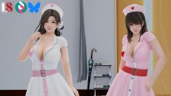  2girls big_breasts black_hair blender_(software) dead_or_alive dead_or_alive_xtreme_venus_vacation female female_focus female_only hospital imminent_sex imminent_threesome japanese japanese_female le_sandman looking_at_viewer mole nanami_(doa) nurse nurse_cap sayuri_(dead_or_alive) tagme xnalara 