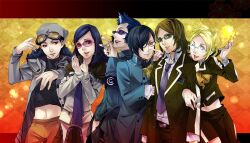  3boys 3girls amano_maya bandana black_hair blonde_hair blue_hair brown_eyes brown_hair commentary_request curly_hair glasses goggles hair_over_one_eye kasugayama_high_school_uniform kurosu_jun lipstick lisa_silverman makeup mayuzumi_yukino mishina_eikichi multiple_boys multiple_girls necktie one_eye_closed persona persona_2 persona_2_tsumi school_uniform seven_sisters_high_school_uniform suou_tatsuya white-light 