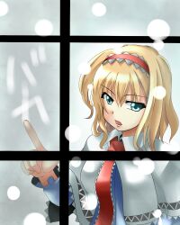  alice_margatroid aqua_eyes blonde_hair blue_eyes capelet commentary_request condensation dress female glass_writing hairband hirayama-h open_mouth short_hair snow solo touhou translated upper_body window window_fog writing 