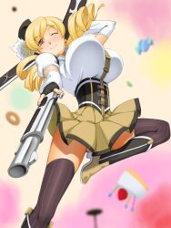  blonde_hair blurry blush boots bouncing_breasts breasts candy commentary_request corset depth_of_field drill_hair dual_wielding elbow_gloves female fingerless_gloves food gloves gun hair_ornament hat holding huge_breasts kawanuma_uotsuri long_hair magical_girl magical_musket mahou_shoujo_madoka_magica mahou_shoujo_madoka_magica_(anime) one_eye_closed panties pantyshot red_eyes rifle skirt smile solo standing striped thighhighs tomoe_mami tomoe_mami_(magical_girl) twin_drills twintails underwear vertical_stripes weapon white_panties yellow_eyes 