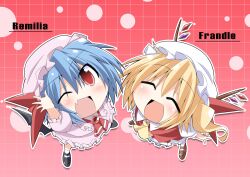  2girls :d ^_^ arm_up ascot bat_wings bibi02 blonde_hair blue_hair blush character_name chibi closed_eyes commentary_request dress flandre_scarlet frills from_above gem hat hat_ribbon multiple_girls oerba_yun_fang one_eye_closed open_mouth red_eyes remilia_scarlet ribbon siblings sisters smile touhou wings 