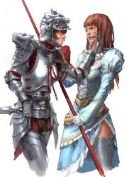  2girls alternate_costume alternate_hairstyle armor boots breastplate brown_eyes brown_hair dress dual_persona full_armor gauntlets gloves hand_on_another&#039;s_chin hand_on_chin helmet hildegard_von_krone lance lips masway mole multiple_girls pauldron pauldrons polearm short_sword side_slit soul_calibur soulcalibur soulcalibur_iv sword thigh_boots thighhighs weapon wolf 