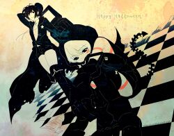  2girls bad_id bad_pixiv_id black_rock_shooter black_rock_shooter_(character) blue_background boots checkered_floor coat dutch_angle gradient_background halloween happy_halloween hood kaze-hime multiple_girls photoshop_(medium) ponytail shorts sitting strength_(black_rock_shooter) tail tattoo thigh_boots thighhighs weapon yellow_background 