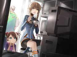  1boy 2girls amane_suzuha apron beard bike_shorts blue_eyes bowl braid brown_hair chopsticks commentary dutch_angle eating english_commentary facial_hair food hand_on_own_hip head_rest jacket kriss_sison lolicon long_hair long_sleeves multicolored_eyes multiple_girls open_mouth scrunchie short_twintails shorts sitting socks steins;gate television tennouji_nae tennouji_yuugo twin_braids twintails white_legwear 