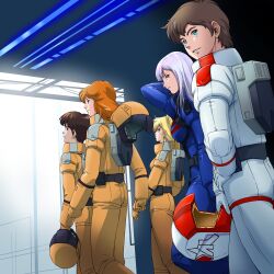  2girls 3boys beecha_oleg elle_vianno gundam gundam_zz helmet judau_ashta mondo_agake mots multiple_boys multiple_girls pilot_suit roux_louka 