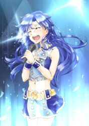  bad_id bad_pixiv_id banned_artist belt blue_hair blush closed_eyes idolmaster idolmaster_(classic) kisaragi_chihaya lens_flare microphone midriff music navel nigiriushi open_mouth singing skirt solo tears x_arms 