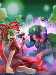  2girls at_gunpoint aura bad_id bad_pixiv_id blue_hair cigarette commentary_request eyepatch glowing glowing_eyes green_hair gun gun_to_head handgun hat holding holding_gun holding_weapon kagiyama_hina kawashiro_nitori multiple_girls niiko_(gonnzou) panicking ribbon smoke tears threat touhou two_side_up weapon 