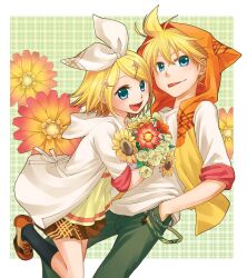  1boy :p aqua_eyes blonde_hair bouquet brother_and_sister casual commentary_request dress female flower hair_ornament hair_ribbon hairclip hood hoodie junji kagamine_len kagamine_rin open_mouth ribbon short_hair siblings sleeves_rolled_up smile tongue tongue_out twins vocaloid 