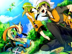  3boys :d alternate_color alternate_costume alternate_hair_color alternate_shiny_pokemon bad_id bad_pixiv_id bandana bike_shorts bird blue_sky brendan_(pokemon) cloud day feathers female fingerless_gloves fluffy gloves grass green_bandana holding holding_poke_ball may_(pokemon) metagross milotic multiple_boys nature open_mouth outdoors poke_ball pokemon pokemon_(creature) pokemon_emerald pokemon_rse sky smile steven_stone swablu torakil tree wallace_(pokemon) 