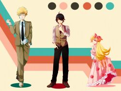  2boys aoi_shigure araragi_koyomi bakemonogatari black_hair blonde_hair bow commentary_request cross dress facial_hair female finger_to_mouth flower formal frills goatee hair_over_one_eye hairbow hand_in_pocket high_heels long_hair monogatari_(series) multiple_boys one_eye_closed oshino_meme oshino_shinobu red_eyes shoes short_hair smile suit 