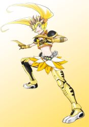  belt blonde_hair claws commentary_request cure_sunshine female full_body heartcatch_precure! highres kamen_rider kamen_rider_ooo kamen_rider_ooo_(series) kijinaka_mahiro long_hair magical_girl midriff myoudouin_itsuki navel parody photoshop_(medium) precure ratoratah_(ooo_combo) rider-tan solo twintails yellow_eyes 