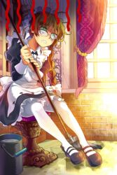  apron bow braid brown_hair bucket c.seryl female frills glasses green_eyes lowres maid maid_headdress mary_janes mop mop_maid pantyhose ribbon shoes sitting solo sword_girls turn_pale white_pantyhose window 