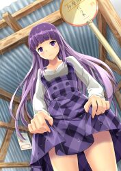  blue_door blush bus_stop commentary_request female original photoshop_(medium) plaid plaid_skirt purple_eyes purple_hair rain skirt solo taking_shelter wet 