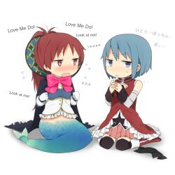  +_+ 2girls bare_shoulders black_legwear blue_eyes blue_hair blush boots bow cape chibi commentary_request cosplay costume_switch detached_sleeves dress english_text engrish_text gloves long_hair magical_girl mahou_shoujo_madoka_magica mahou_shoujo_madoka_magica_(anime) mermaid miki_sayaka miki_sayaka_(cosplay) miki_sayaka_(magical_girl) monster_girl monsterification multiple_girls oktavia_von_seckendorff oktavia_von_seckendorff_(cosplay) own_hands_together pleated_skirt ponytail ranguage red_dress red_eyes red_hair role_reversal sakura_kyoko sakura_kyoko_(cosplay) sakura_kyoko_(magical_girl) short_hair simple_background sitting skirt source_quote spoilers sweatdrop thighhighs translated tsuduya_(knt31) wariza white_background white_gloves 