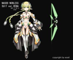  alternate_hairstyle boots breasts character_name commentary_request detached_sleeves ecell elsword female full_body green_eyes green_hair headgear long_hair medium_breasts midriff navel photoshop_(medium) pointy_ears rena_erindel smile solo twintails white_sleeves 