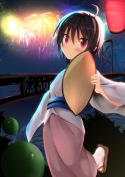  aerial_fireworks ahoge alternate_costume awa_odori_tokushima black_hair blush bridge commentary_request female fireworks food fruit geta houjuu_nue japanese_clothes kimono lamp madara_hio night red_eyes river smile socks solo sudachi_(fruit) torioigasa touhou whirlpool yukata 