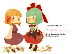  2girls ai-wa autumn_leaves black_eyes blonde_hair blunt_bangs boots bow children&#039;s_book commentary_request dress english_text front_ponytail full_body green_hair hair_ribbon hairbow i_want_my_hat_back kagiyama_hina leaf long_hair looking_at_another mary_janes moriya_suwako multiple_girls no_headwear no_mouth no_nose parody red_bow red_dress red_ribbon ribbon shoes short_hair simple_background sleeves_past_wrists standing touhou white_background 