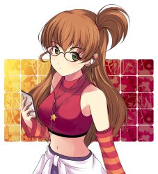  bad_id bad_pixiv_id bare_shoulders bespectacled between_breasts breasts brown_hair commentary_request detached_sleeves digital_media_player female glasses green_eyes headphones idolmaster idolmaster_dearly_stars jewelry long_hair md5_mismatch medium_breasts midriff navel necklace one_side_up onion_(lemlaml) painttool_sai_(medium) sakurai_yumeko shirt solo star_(symbol) striped taut_clothes taut_shirt tied_shirt 