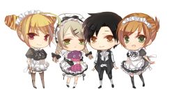  1boy 3girls a_(pivot-nitidokui) alternate_costume alternate_hairstyle apron bad_id bad_pixiv_id black_hair black_legwear blonde_hair braid brown_eyes brown_hair butler chibi creature double_bun dress elize_lutus elize_lutus_(maid) full_body green_eyes group_picture hair_bun hat jude_mathis jude_mathis_(butler) leia_rolando leia_rolando_(maid) maid maid_headdress milla_maxwell milla_maxwell_(maid) multiple_girls official_alternate_costume red_eyes short_hair smile tales_of_(series) tales_of_xillia teepo_(tales) thighhighs twin_braids twintails 