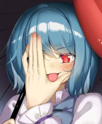  blue_hair blush commentary_request female fingernails hair_over_one_eye holding holding_umbrella juliet_sleeves karakasa_obake long_sleeves piyodesu puffy_sleeves purple_umbrella red_eyes short_hair tatara_kogasa tongue tongue_out touhou umbrella vest 