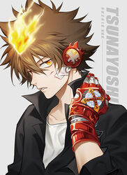  1boy bandaid bandaid_on_cheek bandaid_on_face black_shirt brown_hair character_name chinese_commentary collar collarbone collared_shirt commentary_request fire gloves grey_background katekyo_hitman_reborn! long_sleeves looking_at_viewer male_focus open_mouth photoshop_(medium) red_gloves ru_(famia) sawada_tsunayoshi scratches scratching_cheek shirt solo spiked_hair upper_body x_gloves_(reborn) yellow_eyes 