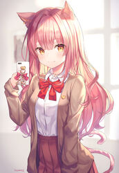  :3 animal_ears artist_name blazer blurry blurry_background bow bowtie breasts brown_jacket cat_ears cat_girl cat_tail cellphone closed_mouth collared_shirt cowboy_shot ear_piercing english_commentary female hair_intakes hand_up heart high-waist_skirt highres holding holding_phone jacket long_hair long_sleeves looking_at_viewer open_clothes open_jacket orange_eyes original phone piercing pink_hair pixiv_username pleated_skirt red_skirt shirt shirt_tucked_in skirt slit_pupils small_breasts smartphone smile solo soyubee tail undershirt white_shirt 