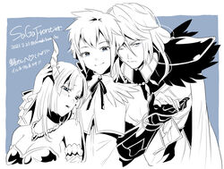  1boy 2girls asellus_(saga_frontier) blue_background breasts cape chimaki_(impressiveanarchy) cleavage closed_mouth gloves greyscale_with_colored_background horns ildon jewelry long_hair looking_at_viewer mesarthim monochrome multiple_girls necklace saga saga_frontier short_hair simple_background smile translation_request 