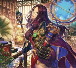  absurdres ass bird blue_eyes book bookshelf breasts dress fate/grand_order fate_(series) female from_side glasses highres indoors ladder large_breasts leonardo_da_vinci_(fate) looking_at_viewer looking_to_the_side mechanical_arms official_art phonograph plant record red_dress resized simosi single_mechanical_arm source_request staff upscaled waifu2x 