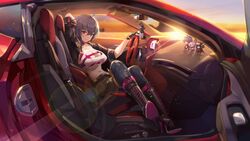  ahoge arm_behind_head belt black_footwear black_hair black_jacket black_skirt blue_pants boots breasts car car_interior casual cleavage closed_mouth cloud cloudy_sky commentary_request cross-laced_footwear crossed_legs female fingerless_gloves gloves high_heel_boots high_heels highres honkai_(series) honkai_impact_3rd jacket knee_boots lace-up_boots looking_at_viewer mole mole_under_mouth motor_vehicle navel outdoors pants purple_eyes raiden_mei raiden_mei_(herrscher_of_thunder) raven_(honkai_impact) red_car second-party_source shirt short_hair sitting skirt sky smile solo sora_(honkai_impact) steering_wheel sunset white_shirt zomzomzomsauce 