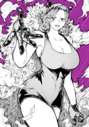  absurdres armpits breasts charlotte_galette cleavage cloak collarbone commentary cowboy_shot curly_hair curvy dress female fur_cloak gloves greyscale_with_colored_background hair_over_one_eye highres horns large_breasts looking_at_viewer medium_hair one_piece open_mouth outstretched_hand parted_bangs purple_background purple_eyes short_dress simple_background sleeveless sleeveless_dress solo spot_color standing taut_clothes taut_dress thick_thighs thighs yotsumi_shiro 