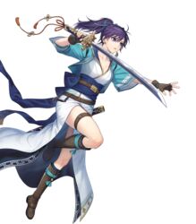  boots breasts cleavage collarbone female fingerless_gloves fir_(fire_emblem) fire_emblem fire_emblem:_the_binding_blade fire_emblem_heroes full_body gloves highres holding holding_sword holding_weapon japanese_clothes kiyu_(zuyu) knee_boots leg_up long_hair medium_breasts non-web_source obi official_art parted_lips ponytail purple_eyes purple_hair sash sheath short_sleeves solo sword thigh_strap transparent_background weapon 