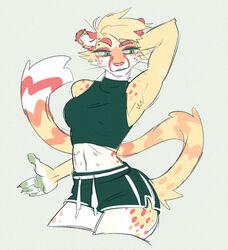  2019 5_fingers anthro avoid_posting bottomwear breasts cheetah clothed clothing digital_media_(artwork) felid feline female fingers fully_clothed green_eyes green_sclera mammal murkbone piercing shorts simple_background solo 