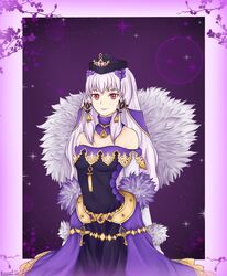  artist_name bare_shoulders black_dress black_hat closed_mouth collar commentary dress english_commentary female fire_emblem fire_emblem:_three_houses fire_emblem_heroes fur_trim gameknightmcpe gloves hair_ornament hat high_collar highres long_hair looking_at_viewer lysithea_von_ordelia lysithea_von_ordelia_(a_new_future) official_alternate_costume pink_eyes purple_collar smile solo white_gloves white_hair 