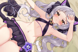  animal_ears arched_bangs armpits bare_arms bare_shoulders bikini blush bow breasts cat_ears cat_girl cat_tail criss-cross_halter female grey_hair halterneck highres hololive ivan_wang long_hair looking_at_viewer midriff murasaki_shion murasaki_shion_(hololive_summer_2019) navel short_eyebrows sidelocks small_breasts solo stomach swimsuit tail tail_bow tail_ornament virtual_youtuber yellow_eyes 