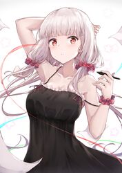  arm_behind_head arm_up armpits bare_arms bare_shoulders black_dress blunt_bangs blush breasts chinese_commentary collarbone commentary_request dress female frilled_dress frills hair_ornament hair_scrunchie hakuya_(white_night) highres holding holding_pen long_hair looking_at_viewer low_twintails medium_breasts original paper pen red_eyes scrunchie sleeveless sleeveless_dress smile solo spaghetti_strap star_(symbol) strap_slip twintails upper_body very_long_hair white_hair wrist_scrunchie 