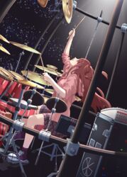  absurdres akabane_youko bad_id bad_pixiv_id brown_hair cymbals dark_background drum drum_set drumsticks dutch_angle earbuds earphones eyes_visible_through_hair female green_eyes guitaro_(yabasaki_taro) hi-hat highres hood hoodie indoors instrument long_hair looking_up music nijisanji pedal plaid plaid_skirt playing_instrument profile shoes sitting skirt sneakers socks solo stool virtual_youtuber 