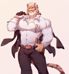  1boy absurdres alternate_costume animal_ears bara black_pants book bulge feet_out_of_frame formal furry furry_male highres holding holding_book kepler_(1825073996) large_pectorals lin_hu_(nekojishi) looking_at_viewer male_focus muscular muscular_male nekojishi pants partially_unbuttoned pectoral_cleavage pectorals shirt short_hair solo tail thighs tiger_boy tiger_ears tiger_tail unworn_eyewear white_shirt 